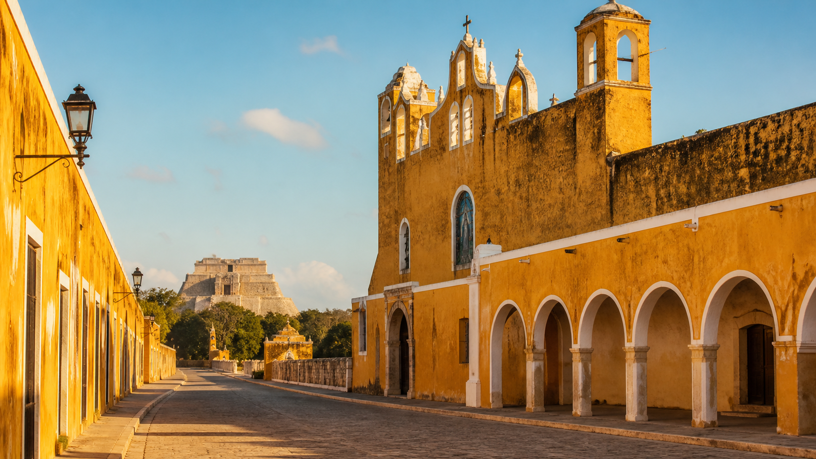 Calles amarillas de Izamal con el convento y una pirámide maya al fondo