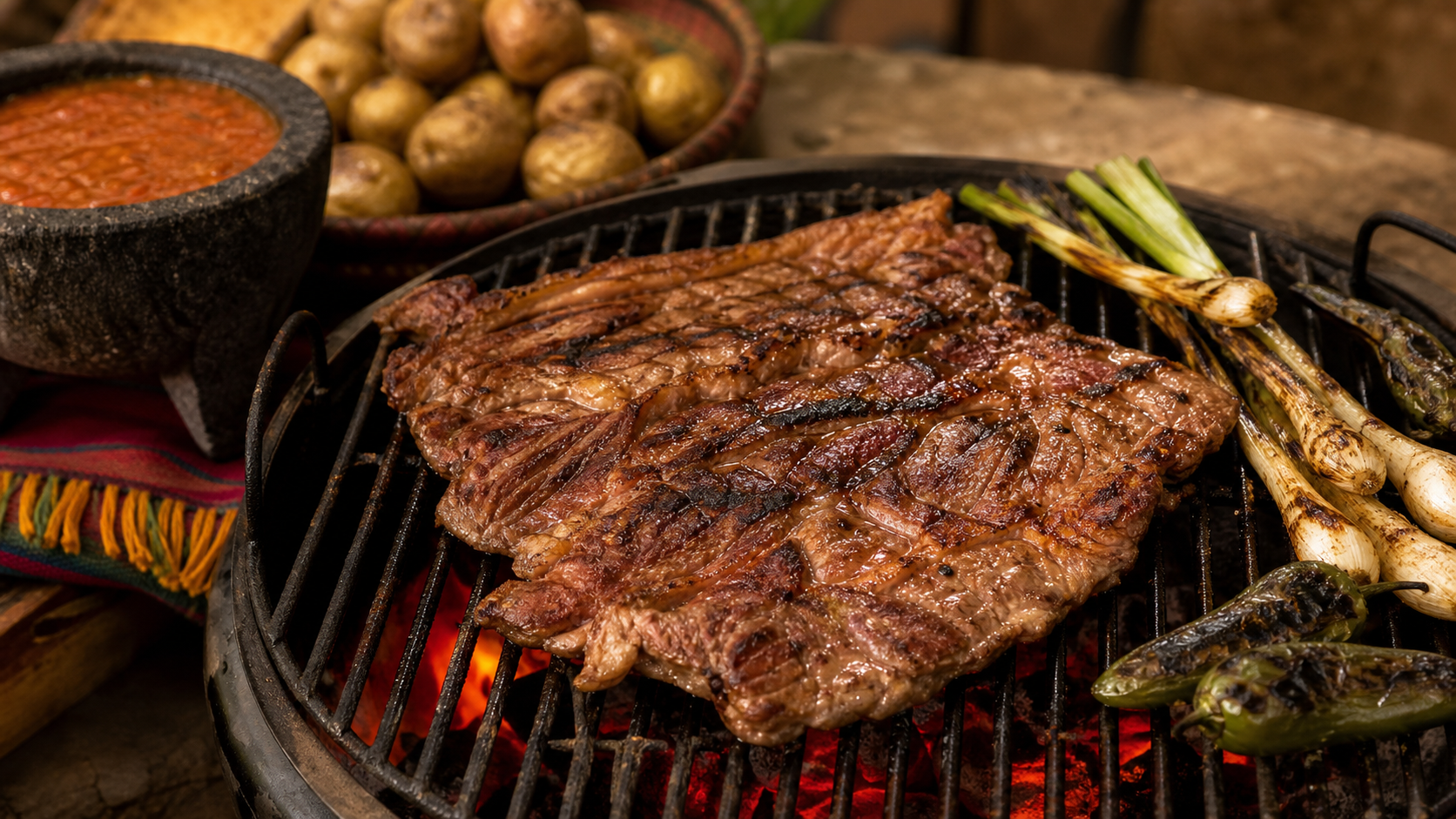 Aguja norteña sellada en una parrilla de carbón con papas, jalapeños y salsa molcajeteada.