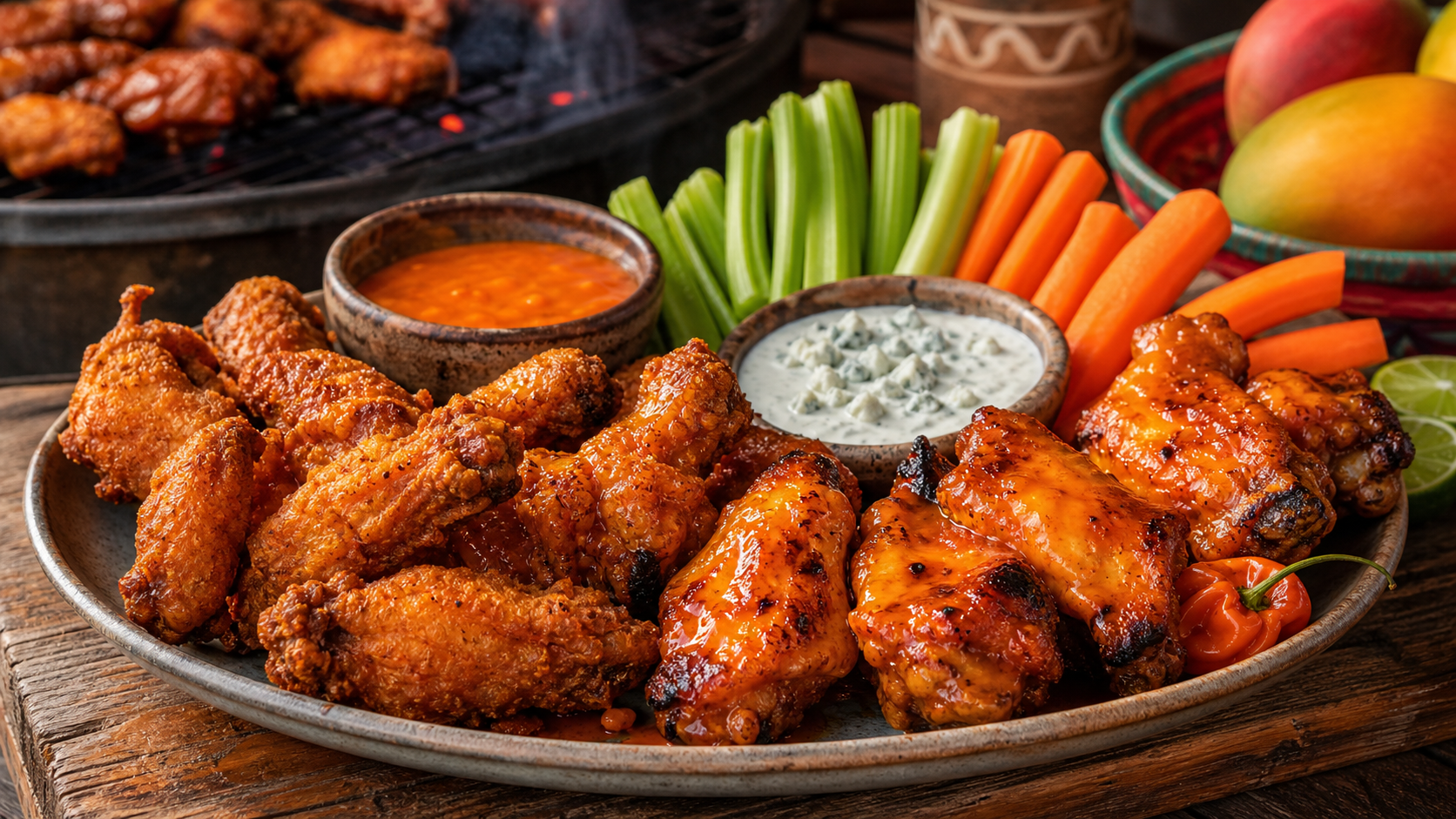 Alitas de pollo mango habanero fritas y ahumadas con apio, zanahoria y aderezo.