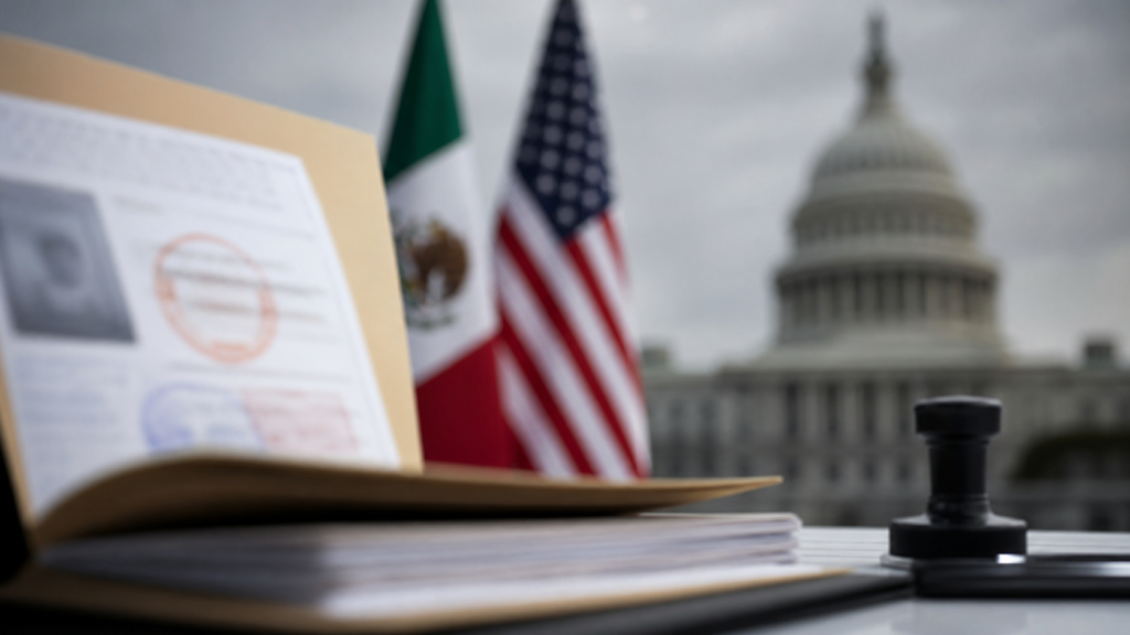Carpeta consular y banderas de México y Estados Unidos en un contexto de cooperación bilateral.