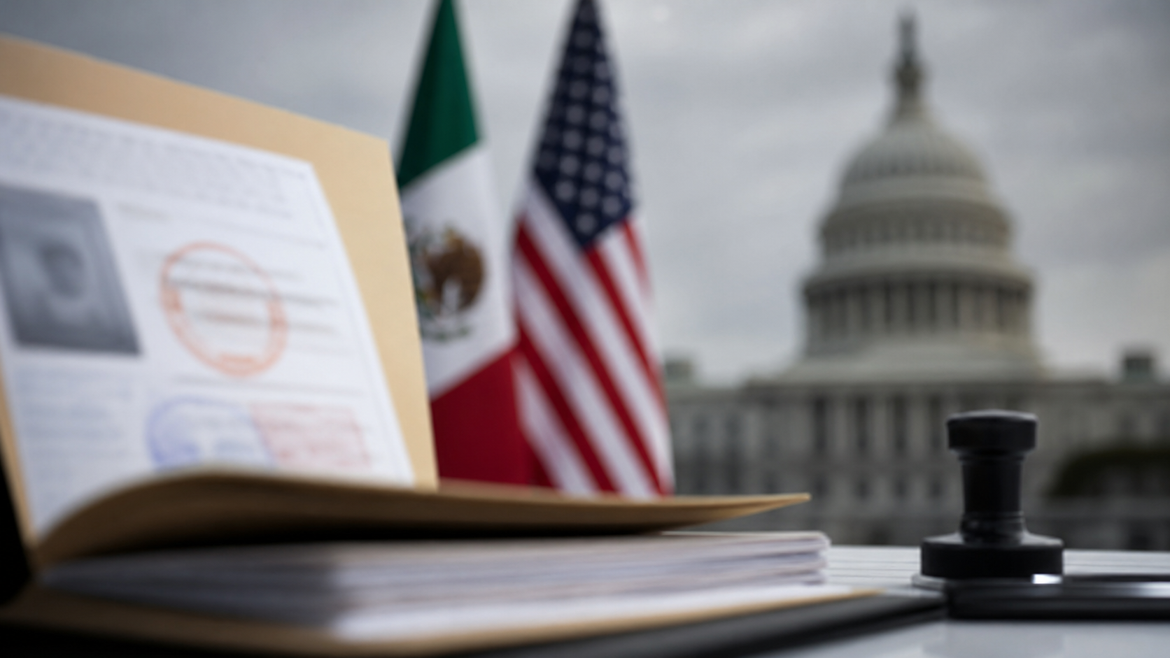 Carpeta consular y banderas de México y Estados Unidos en un contexto de cooperación bilateral.