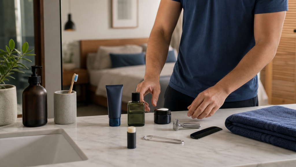 Productos y herramientas de autocuidado masculino organizados sobre un lavabo.