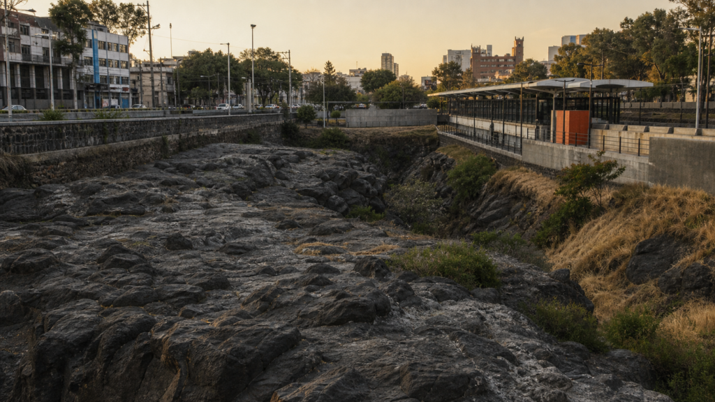 Paisaje volcánico y vialidad urbana en la zona de Barranca del Muerto, al sur de la Ciudad de México.