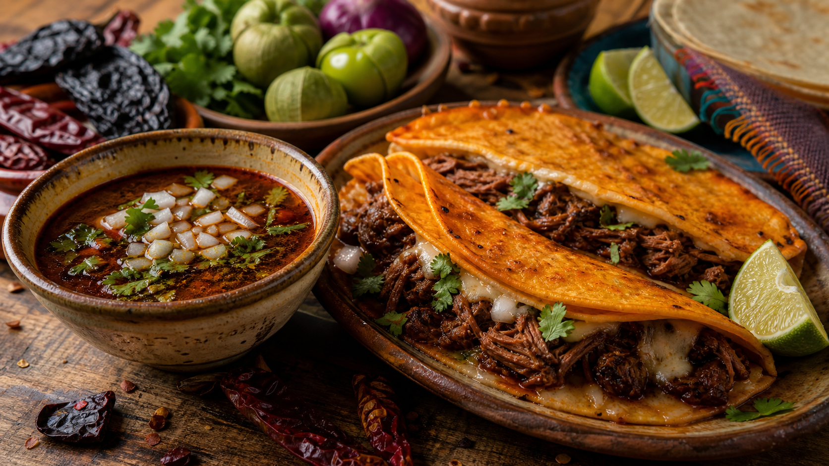 Quesabirrias doradas con carne de res y consomé servido en un tazón.
