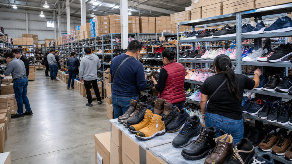 Calzado casual, deportivo y de seguridad exhibido en una bodega mayorista.