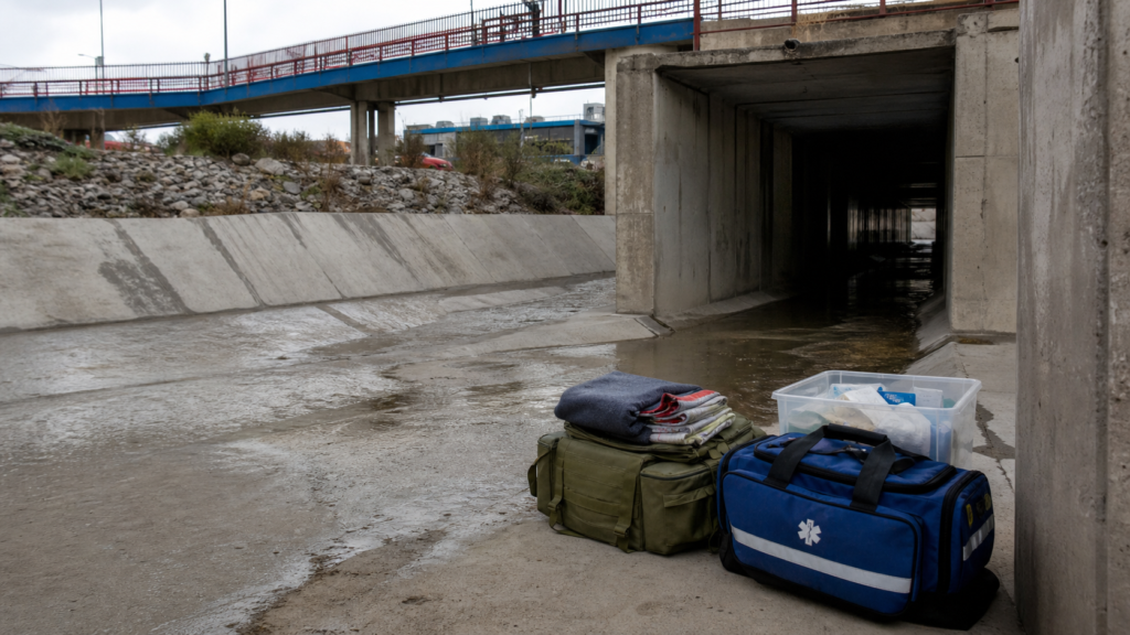 Canalización pluvial de El Bordo en Tijuana con equipo de atención humanitaria visible desde un punto seguro.