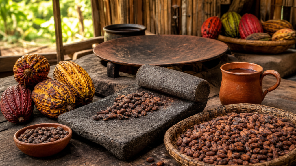 Cacao mexicano, mazorca y granos junto a un metate y una taza de chocolate en un taller artesanal.