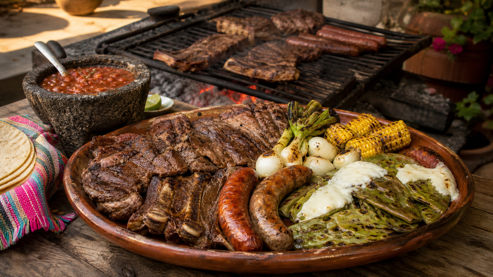 Carnita asada mexicana con arrachera, costillas, chorizo, nopales y salsa tatemada.