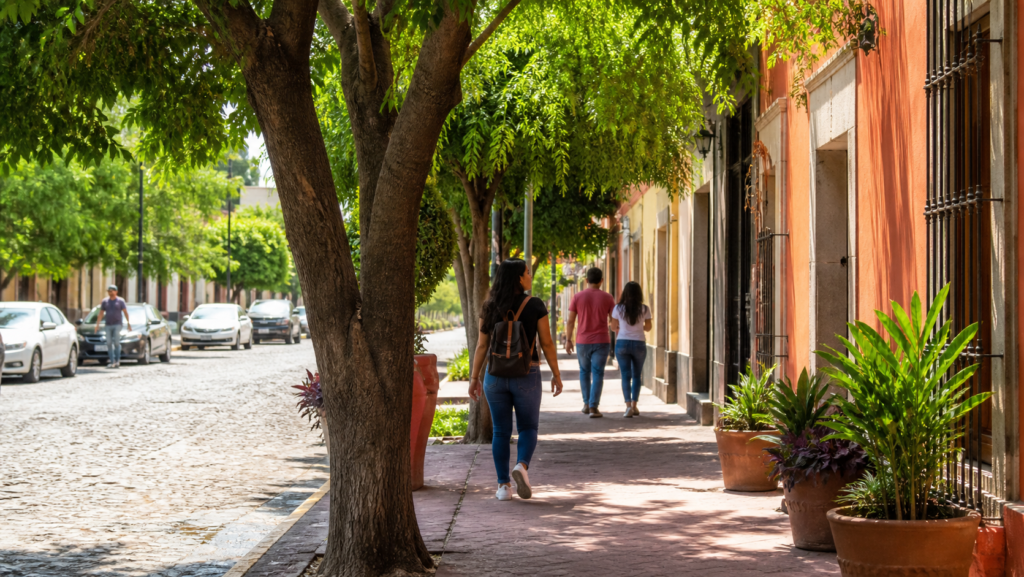 Calle urbana con árboles maduros que proyectan sombra sobre peatones, vehículos y una banqueta de concreto.