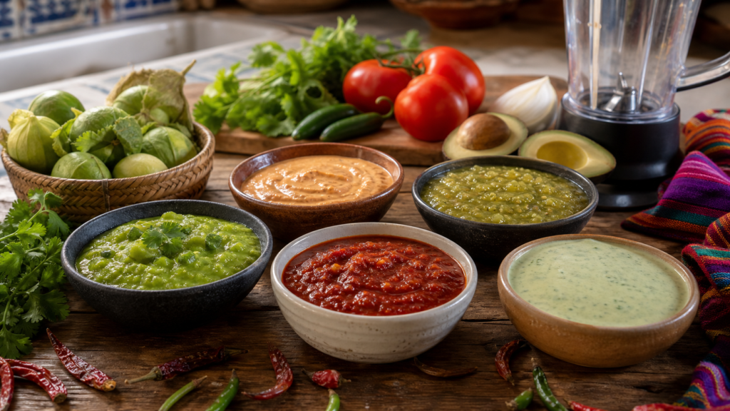Cinco salsas mexicanas de colores variados con tomatillo, jitomate, chiles, aguacate y cilantro.