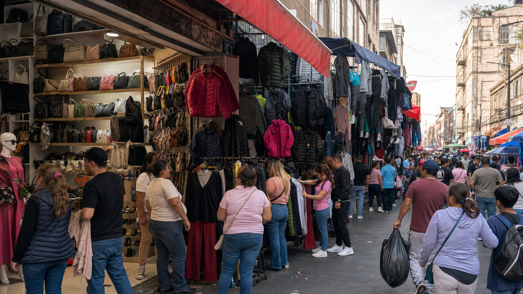 Compradores recorren un corredor de tiendas de moda y calzado en Tepito, Ciudad de México.