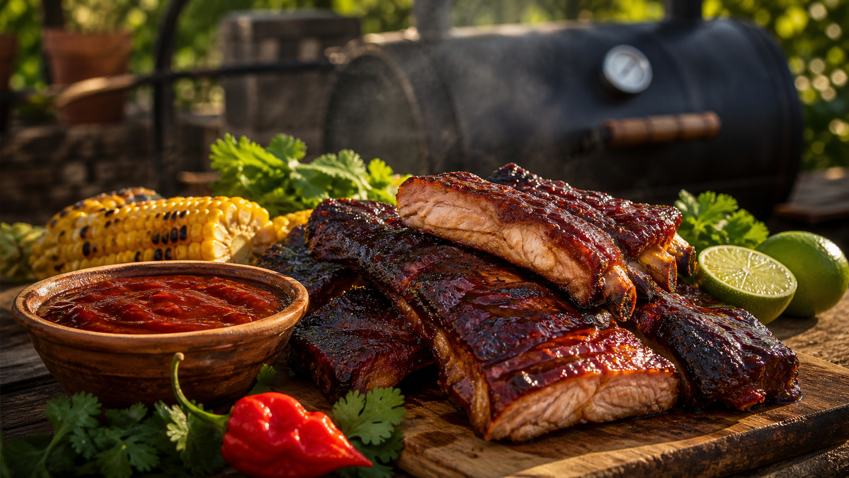 Costillas de cerdo ahumadas con salsa BBQ de Carolina Reaper, elote y limón.