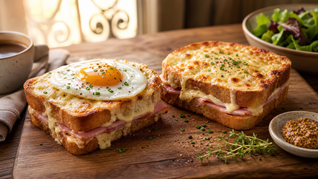 Croque Madame y Croque Monsieur con bechamel, queso gratinado y huevo en un desayuno de inspiración francesa.