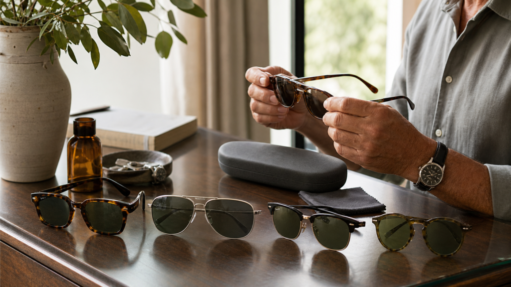 Cuatro estilos de lentes de sol y un estuche sobre una mesa de madera.