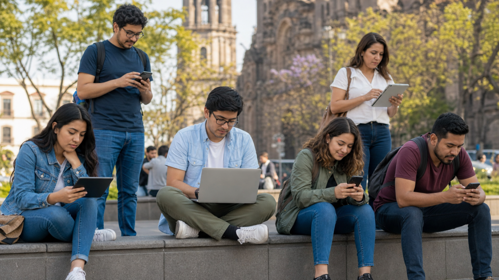 Personas de distintas edades utilizando internet en dispositivos digitales