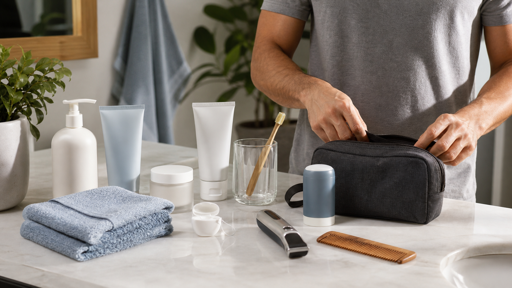 Herramientas y productos de higiene masculina organizados para una rutina diaria.