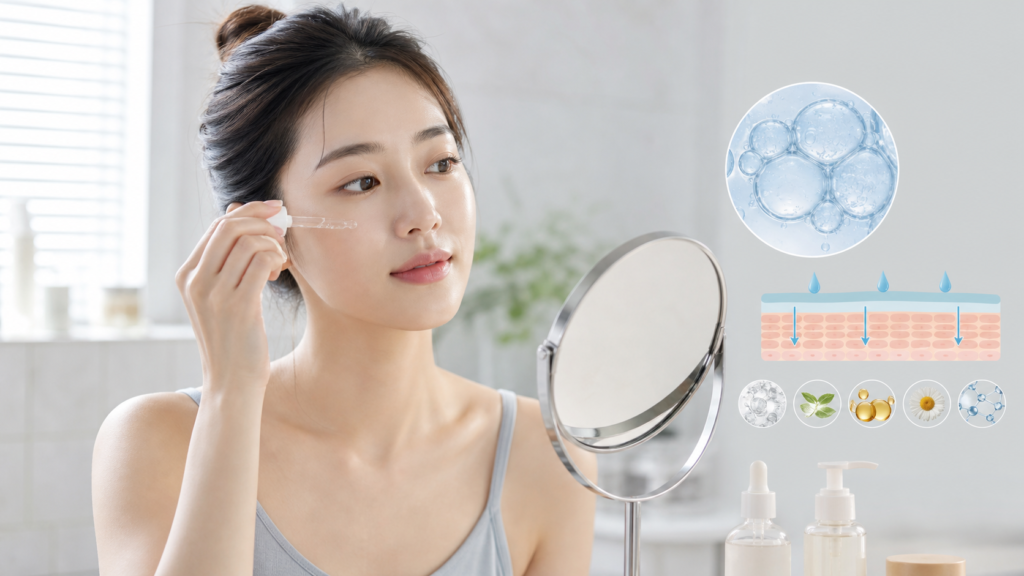 Mujer aplicando serum para el cuidado de la barrera cutanea