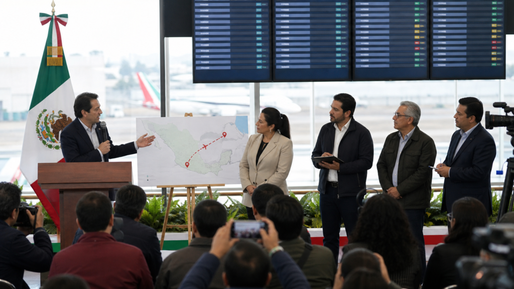 Funcionarios y periodistas en una ilustración editorial sobre la conexión aérea Zacatecas AIFA