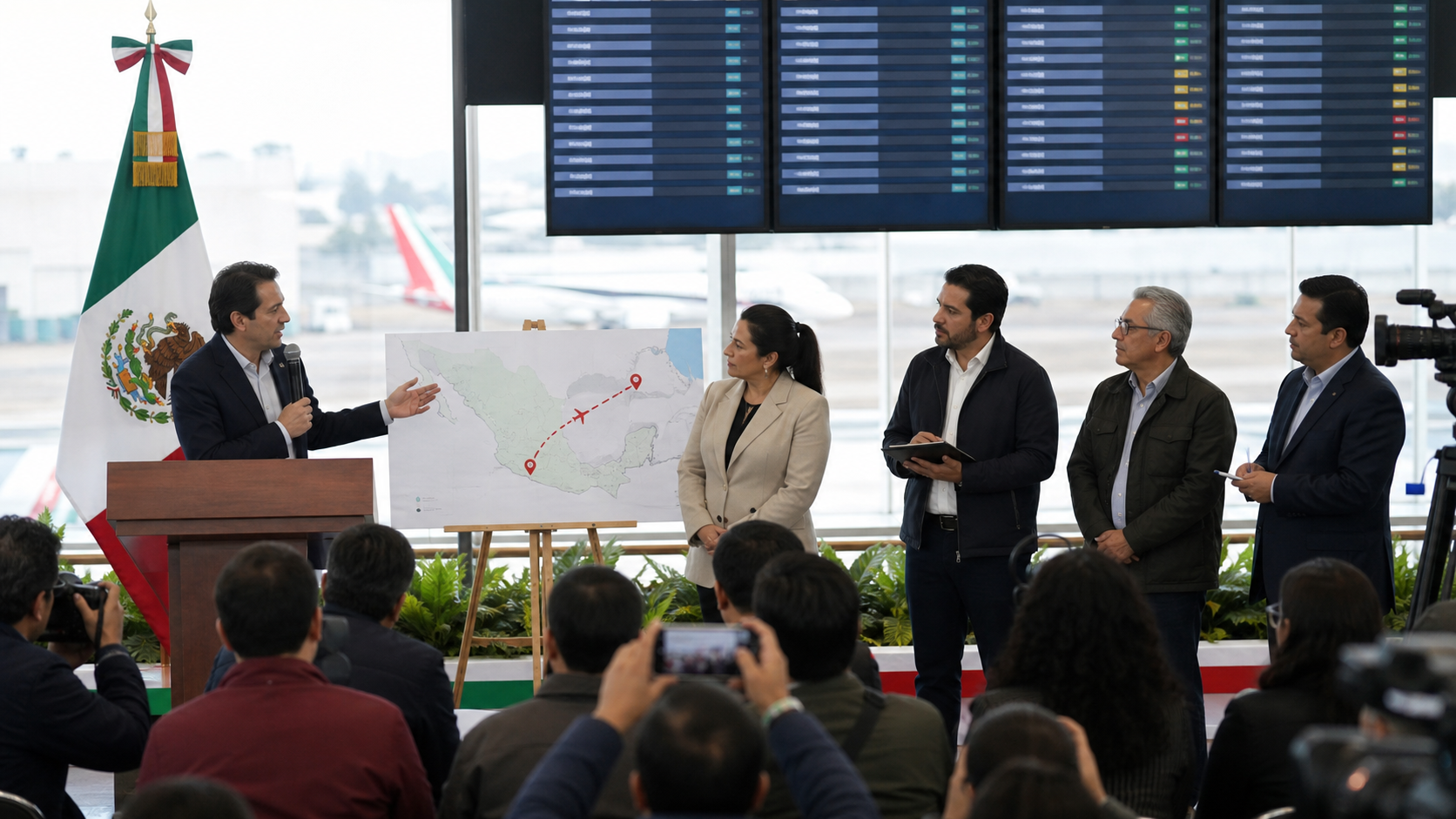 Funcionarios y periodistas en una ilustración editorial sobre la conexión aérea Zacatecas AIFA