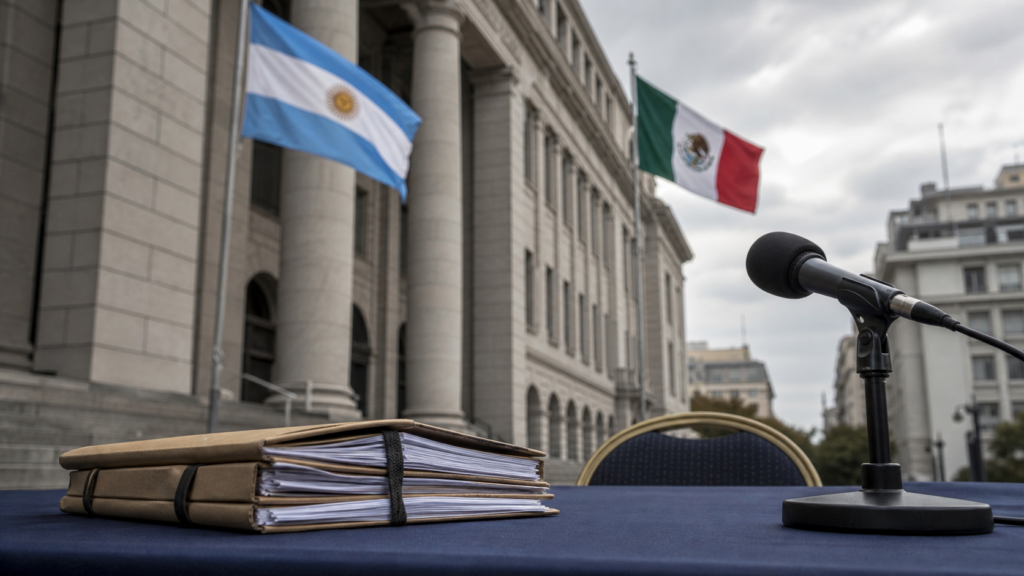 Exterior de un tribunal federal con banderas de Argentina y México y documentos jurídicos fuera de foco.