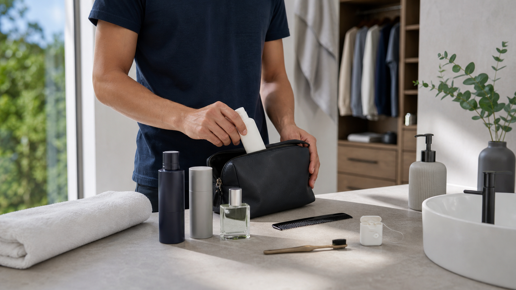 Kit de higiene y frescura masculina organizado en un baño.