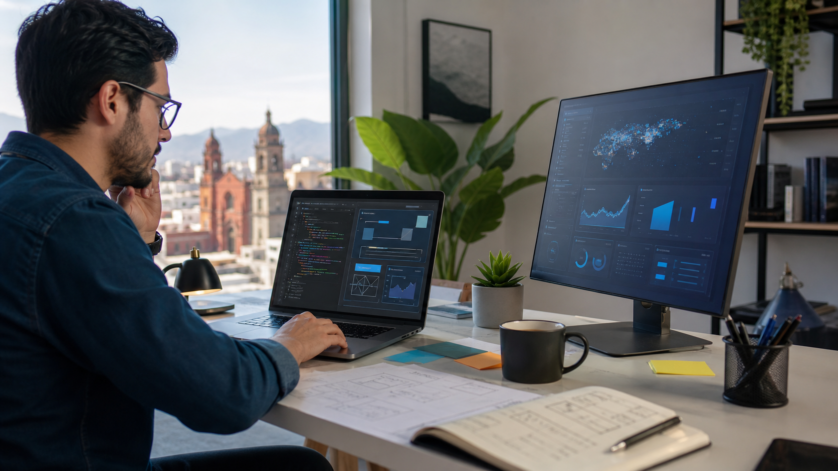 Profesional trabaja con una herramienta de inteligencia artificial para crear una interfaz y automatizar tareas.