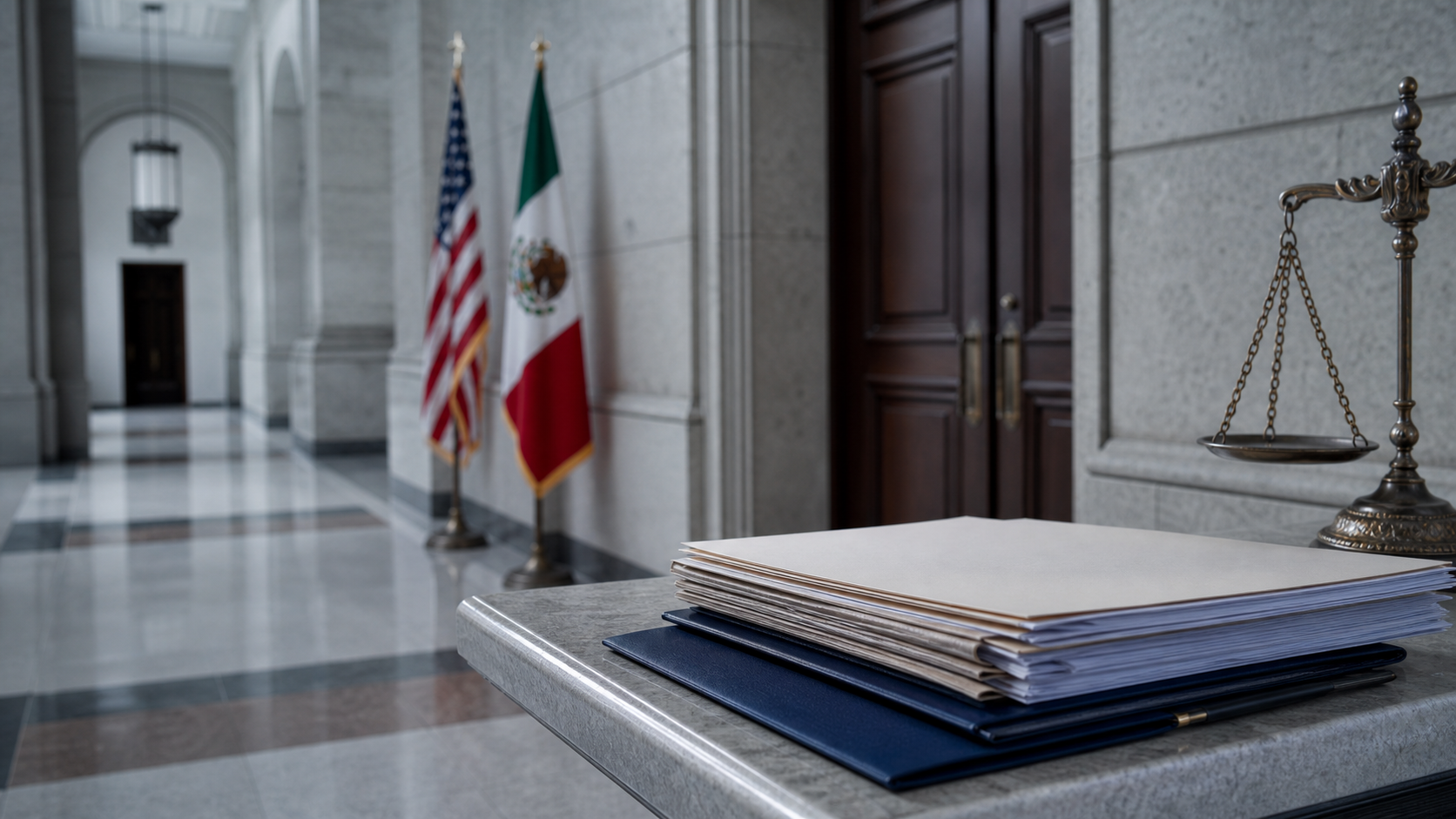 Pasillo de un tribunal federal con banderas de México y Estados Unidos fuera de foco.