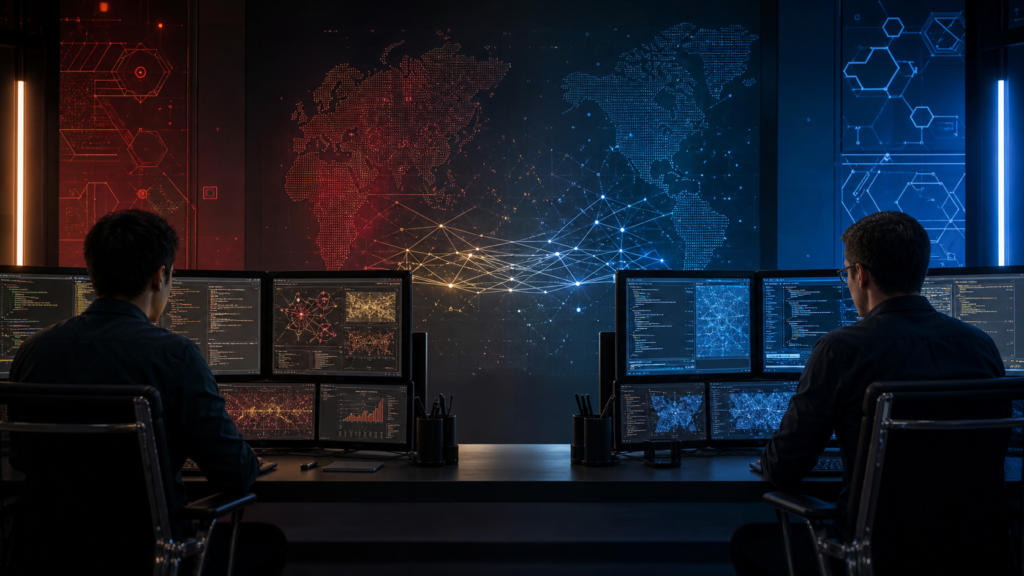 Dos estaciones abstractas de inteligencia artificial analizan ciberseguridad defensiva y vulnerabilidades de software.