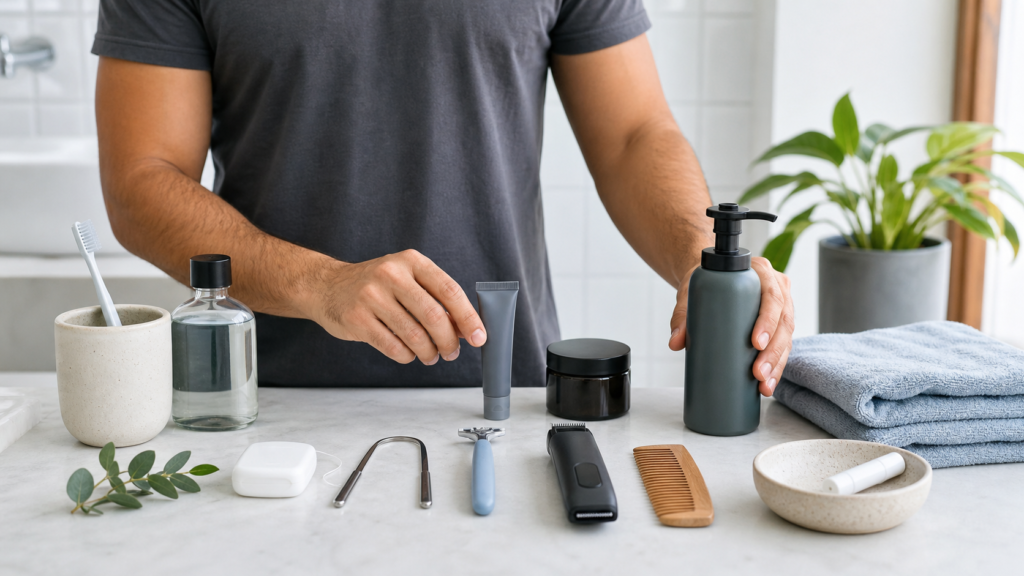 Herramientas y productos de higiene masculina para una rutina diaria.