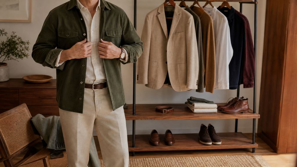 atuendo masculino casual con prendas de textura y calzado clásico en un guardarropa.