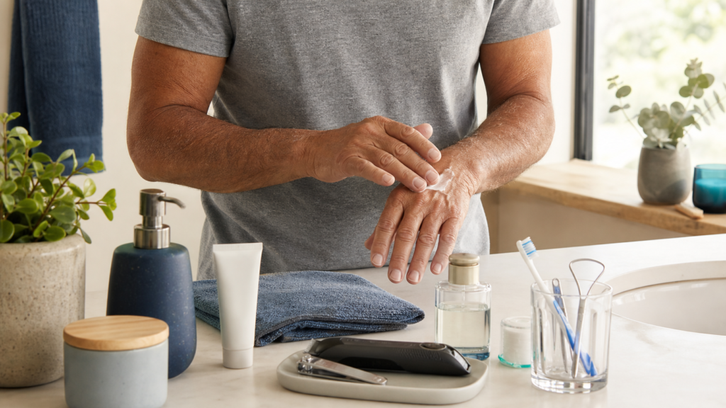 Productos de higiene y cuidado personal para un hombre adulto mayor.