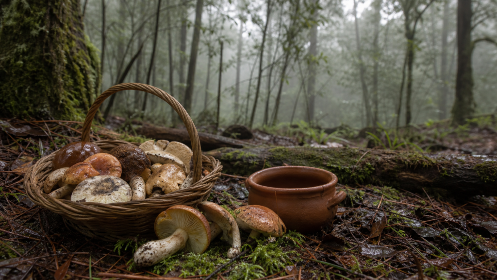 Hongos silvestres en una canasta sobre el suelo de un bosque húmedo de pinos y encinos.