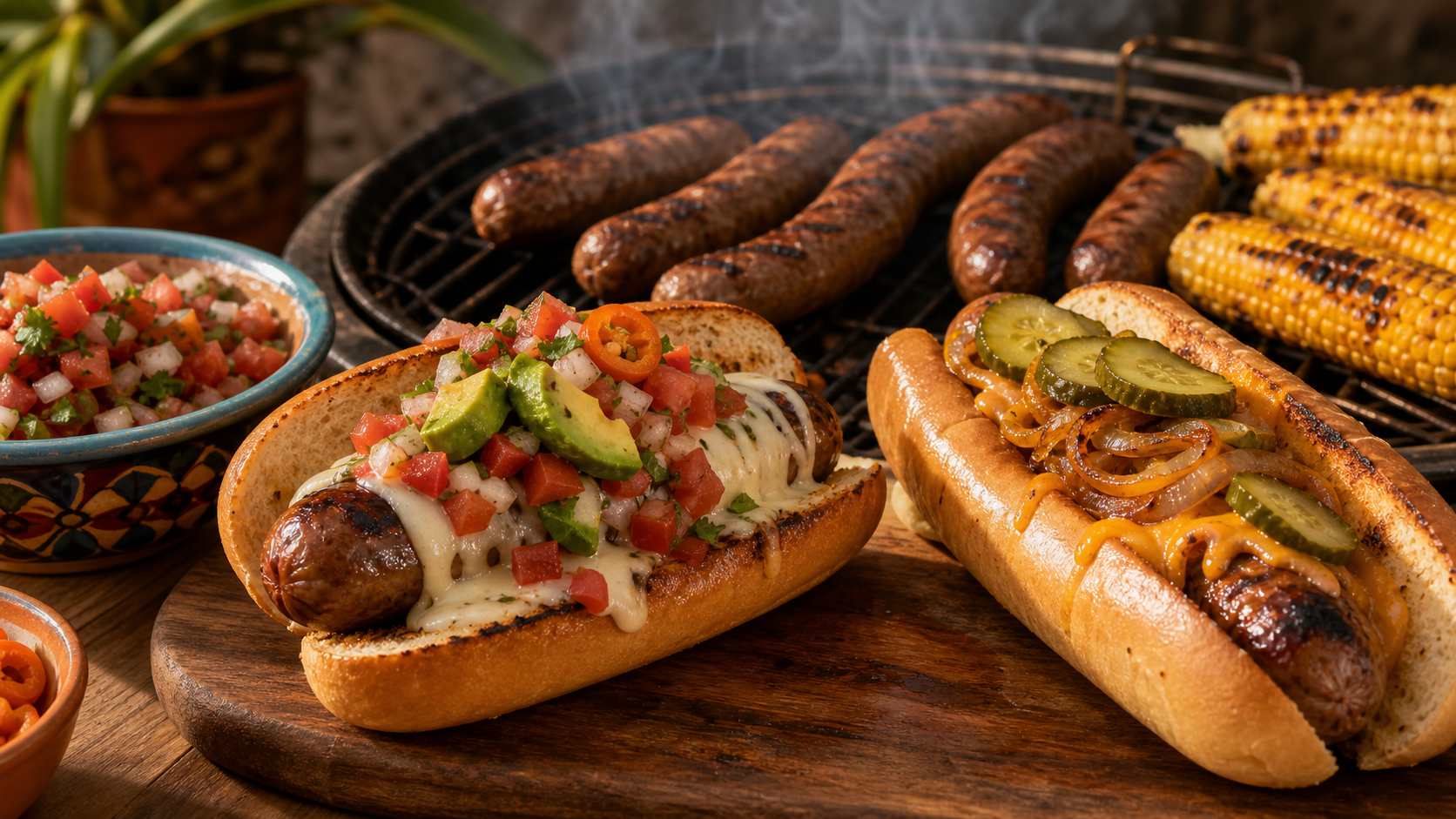 Hot dogs artesanales de res a la parrilla con queso Oaxaca, pico de gallo y pepinillos.