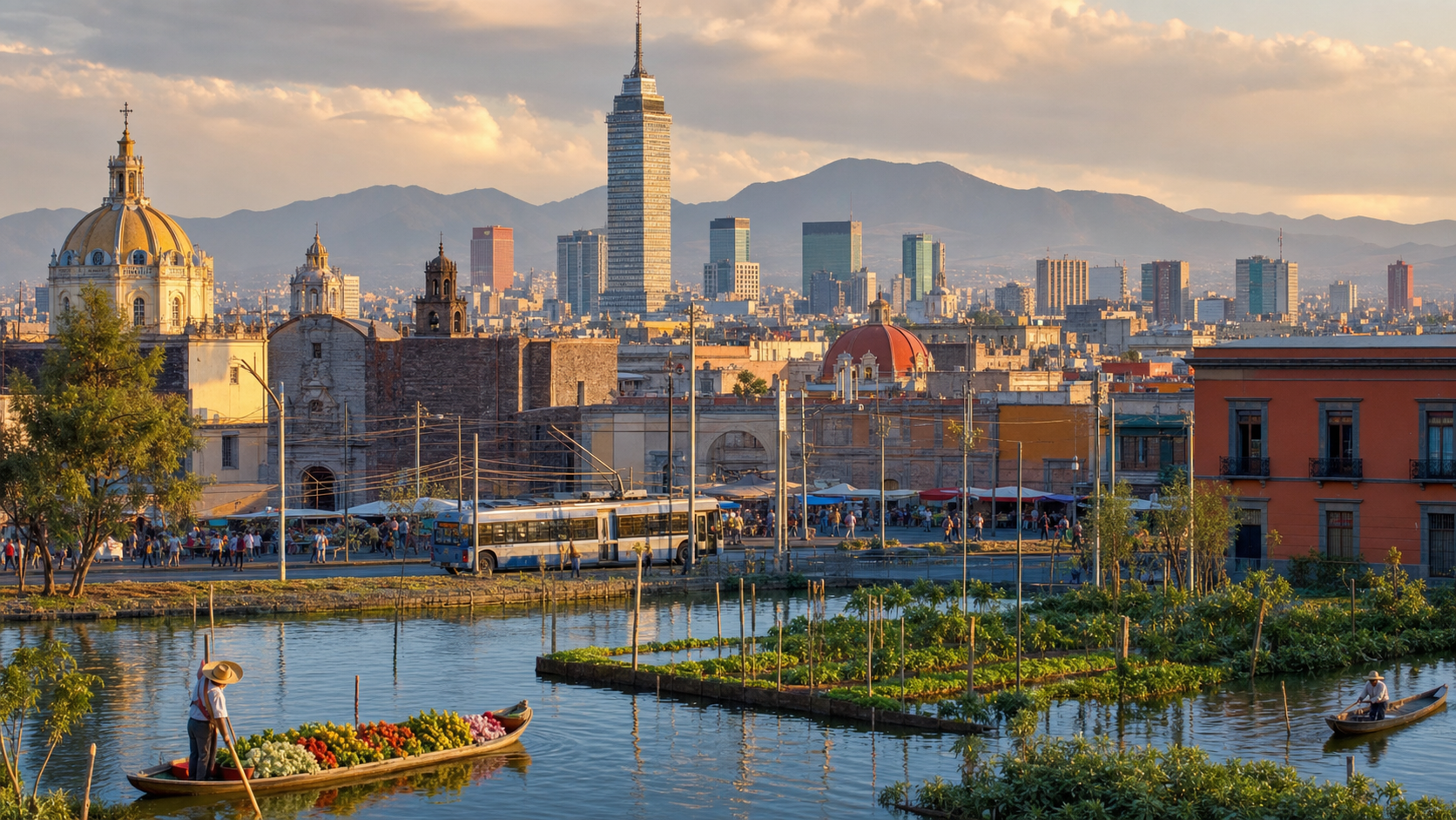 Vista editorial de chinampas, arquitectura histórica y transporte de la Ciudad de México.
