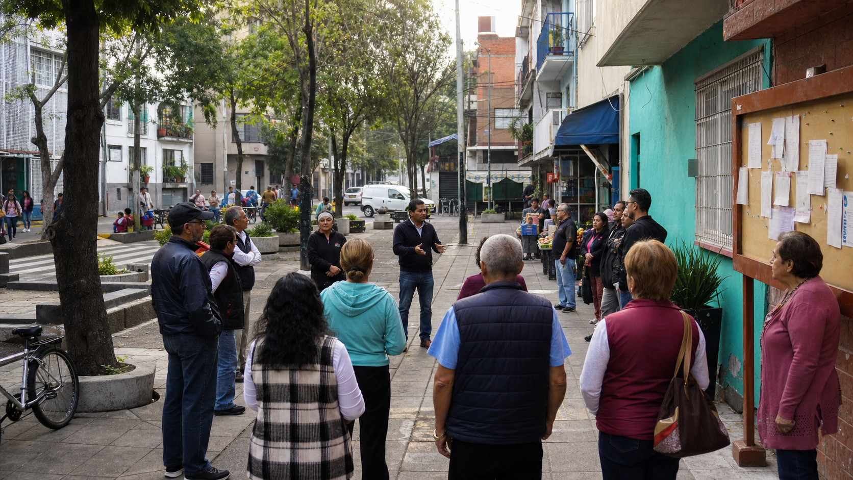 Vecinos de una colonia de la Ciudad de México reunidos para organizar medidas de prevención comunitaria.