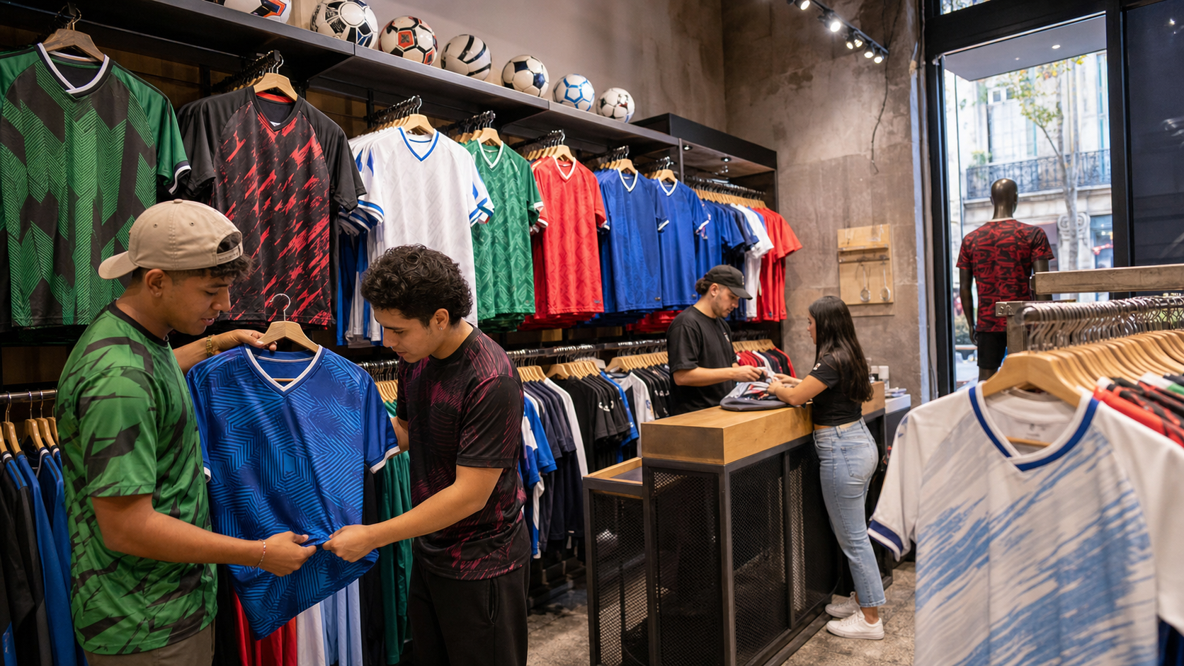 Jerseys deportivos de colores exhibidos en un comercio del Centro Histórico de la Ciudad de México.