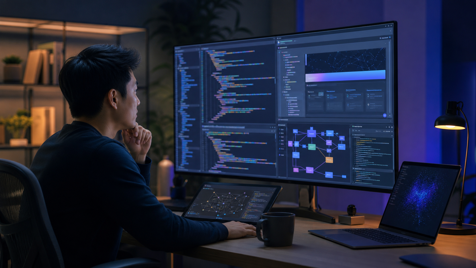 Desarrollador observa un agente de inteligencia artificial trabajando con código, interfaz visual y herramientas de software.