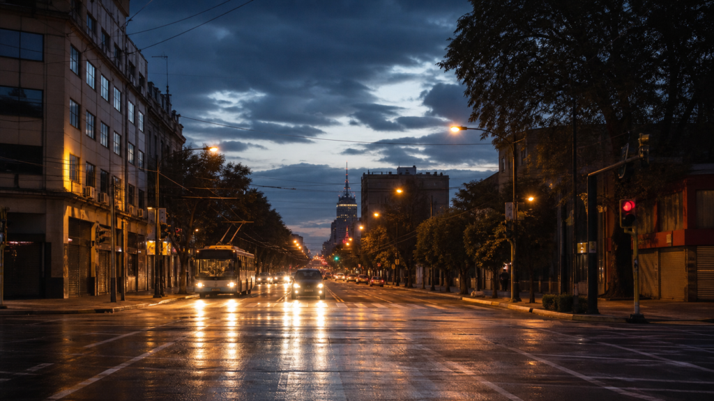 Avenida de la Ciudad de México durante la madrugada, con tránsito y alumbrado urbano.
