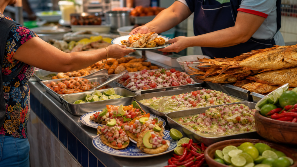 Mariscos, pescados fritos y tostadas servidos en un mercado de la Ciudad de México.