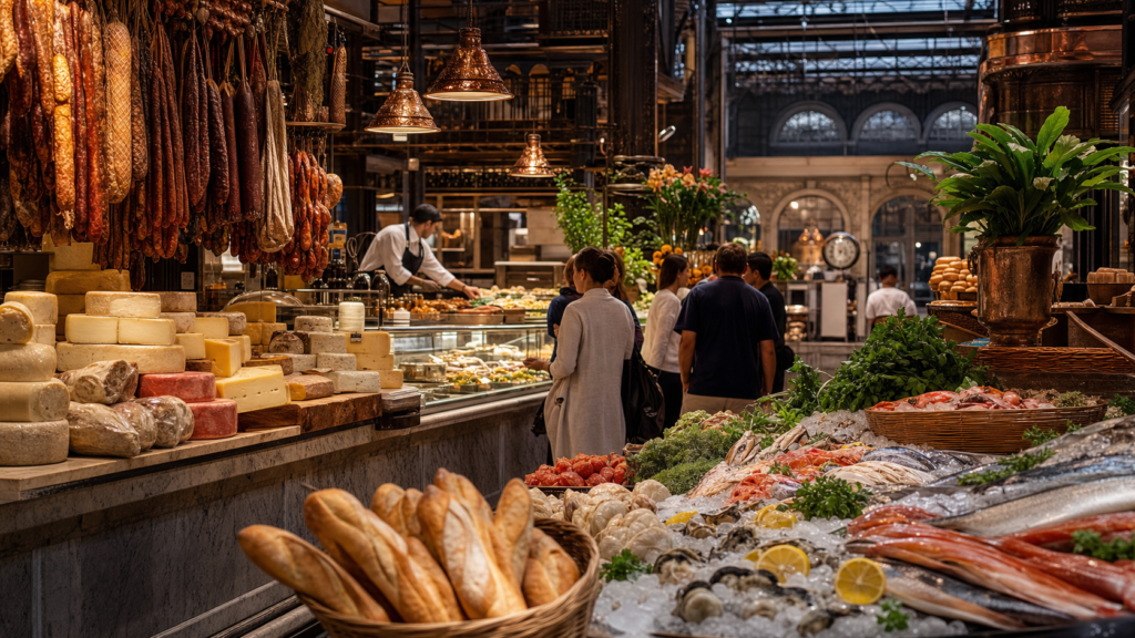 Pasillos del Mercado de San Juan con mariscos, quesos, embutidos y pan artesanal.