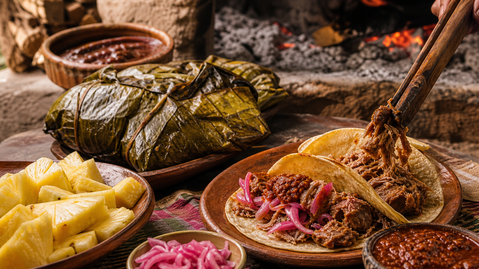 Mixiotes de cordero y cerdo envueltos en hoja de maguey con tacos, salsa tatemada y piña.