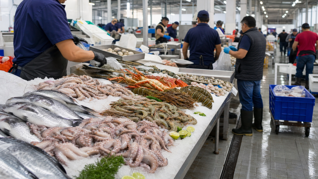 Pescados, camarones y pulpos sobre hielo en un mercado mayorista.