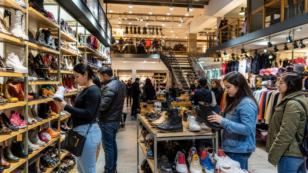 Compradores revisan calzado y ropa en un outlet del Centro Histórico de la Ciudad de México.