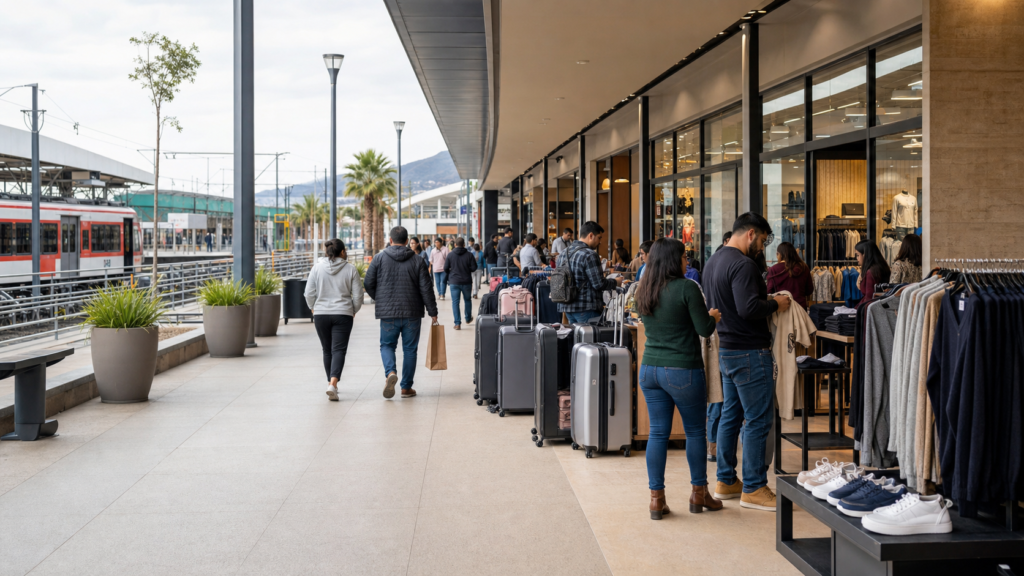 Compradores recorren un outlet cercano a una estación de tren en Lerma.