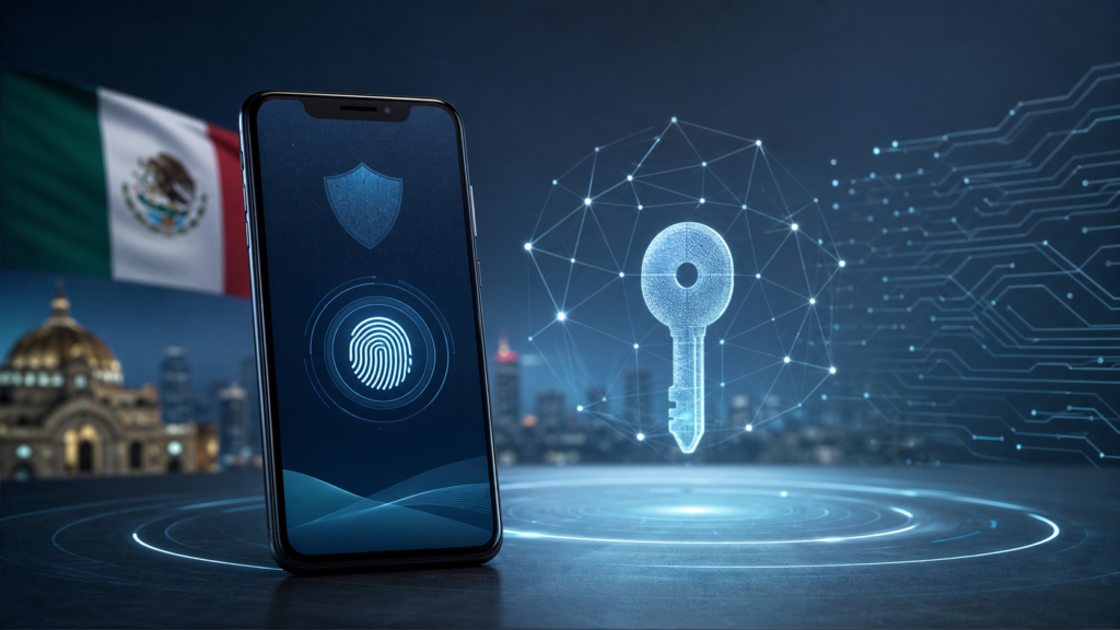 Teléfono inteligente con autenticación biométrica y elementos abstractos de seguridad criptográfica.