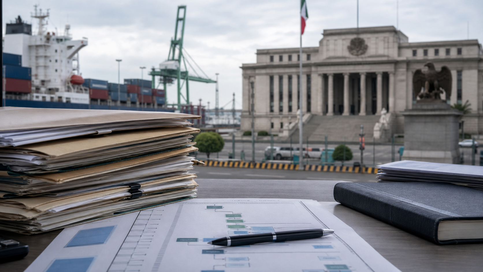 Documentos de investigación y registros financieros desenfocados frente a infraestructura portuaria mexicana.