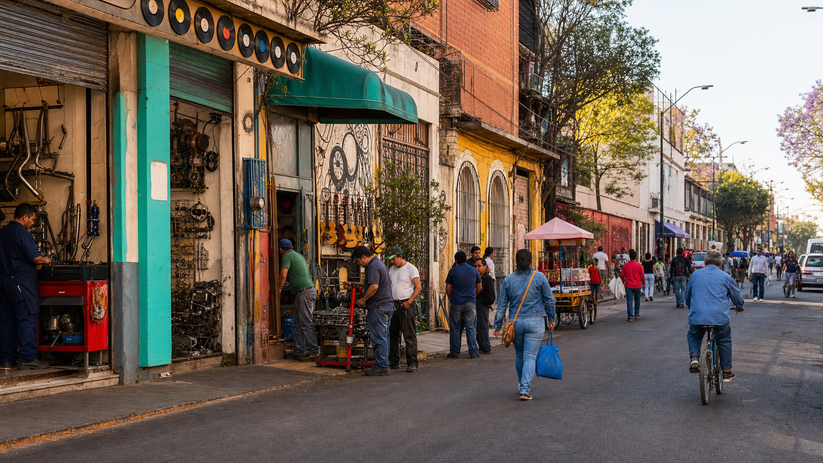 Calle de Peralvillo con talleres de autopartes y actividad comunitaria en la Ciudad de México.