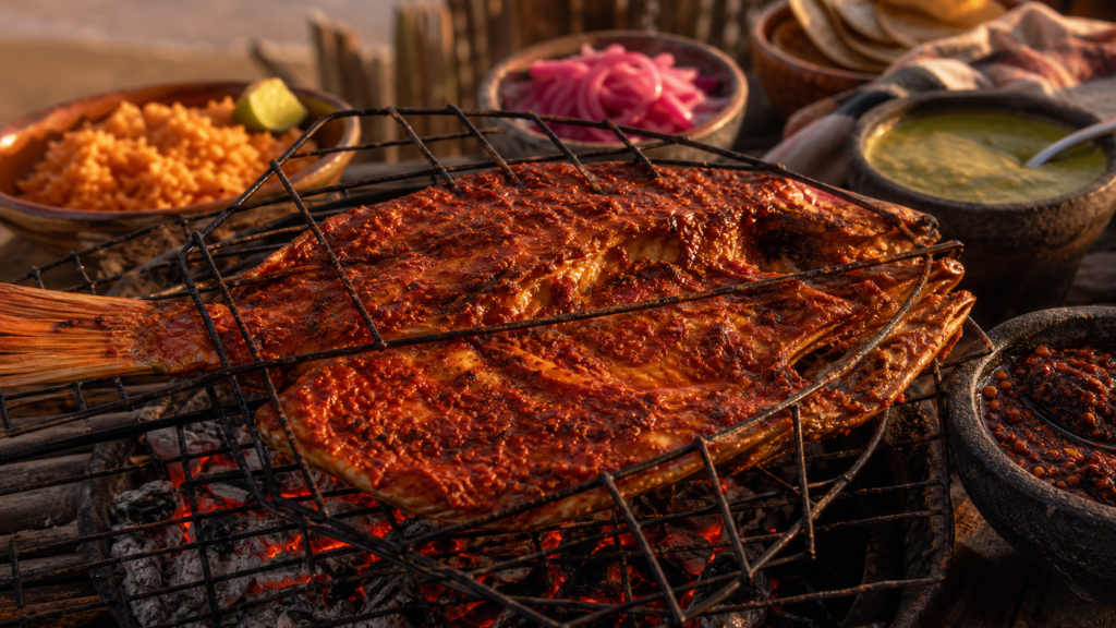 Huachinango zarandeado abierto en mariposa sobre una parrilla de carbón con arroz rojo y salsas mexicanas.