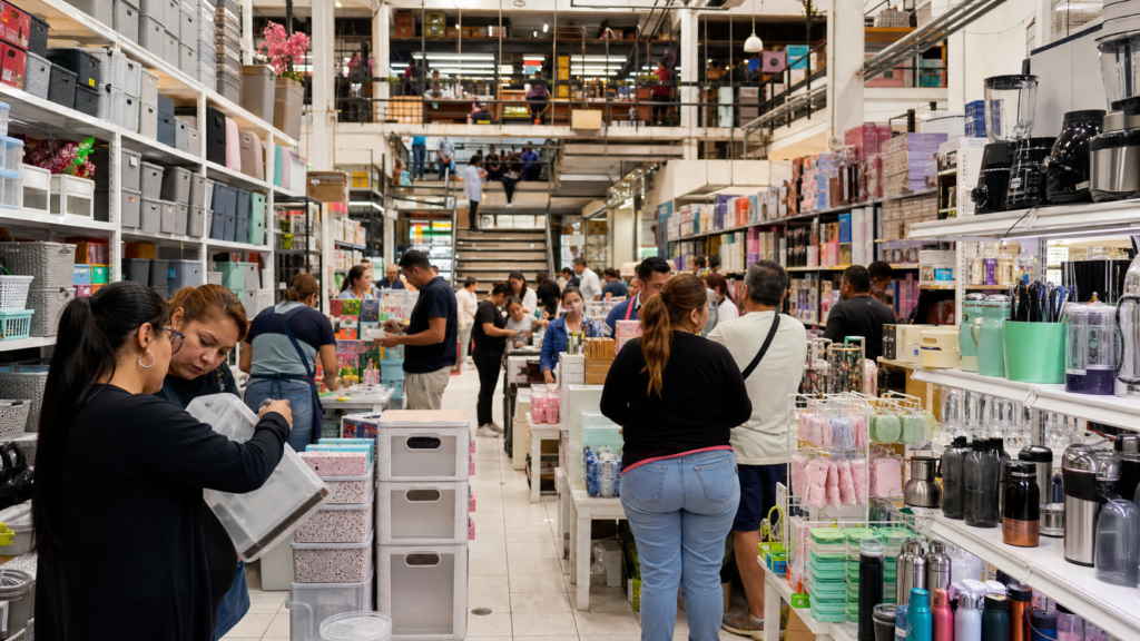 Productos de hogar, cocina, belleza y tecnología exhibidos en un mercado mayorista del Centro Histórico.