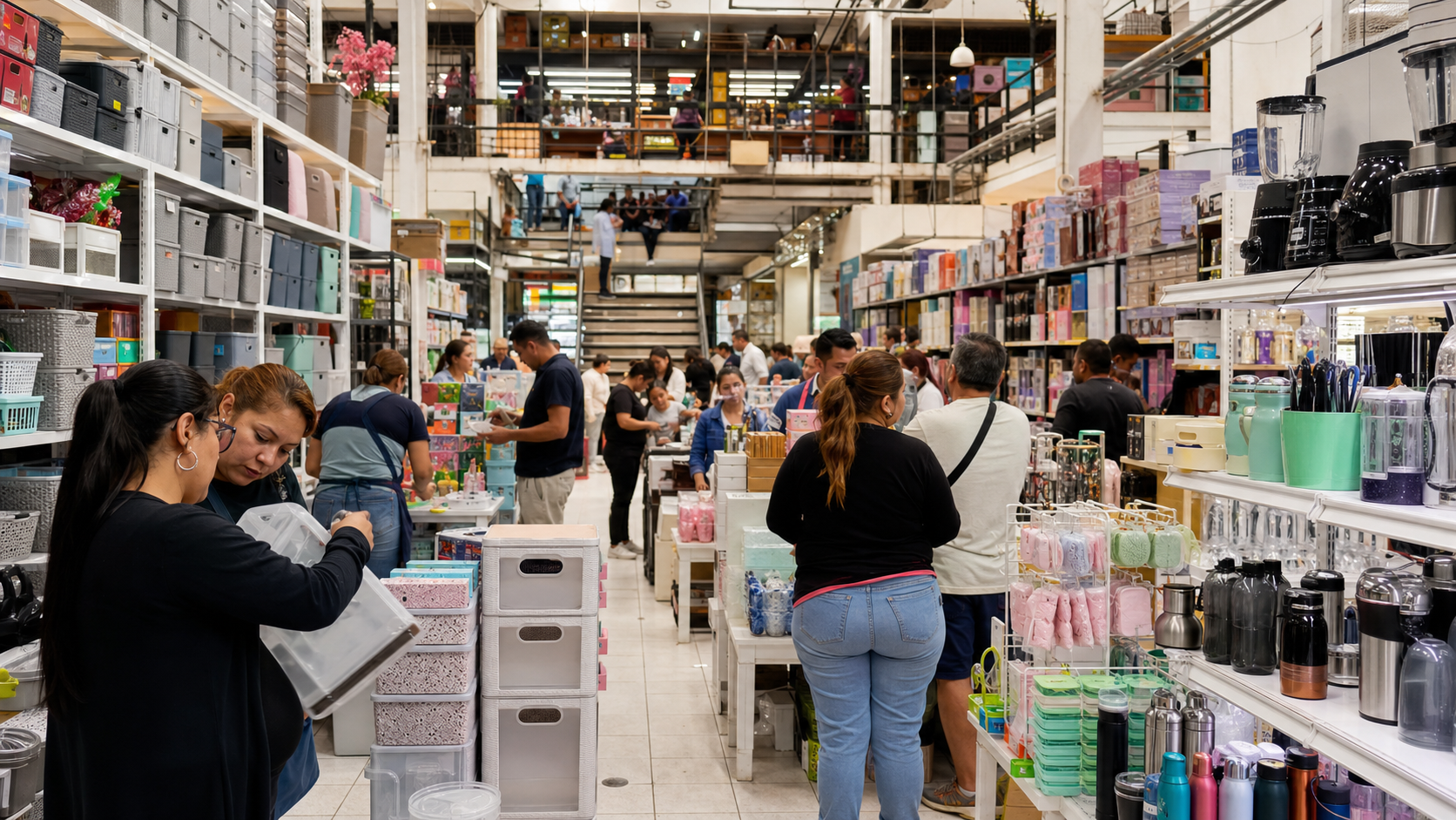 Productos de hogar, cocina, belleza y tecnología exhibidos en un mercado mayorista del Centro Histórico.